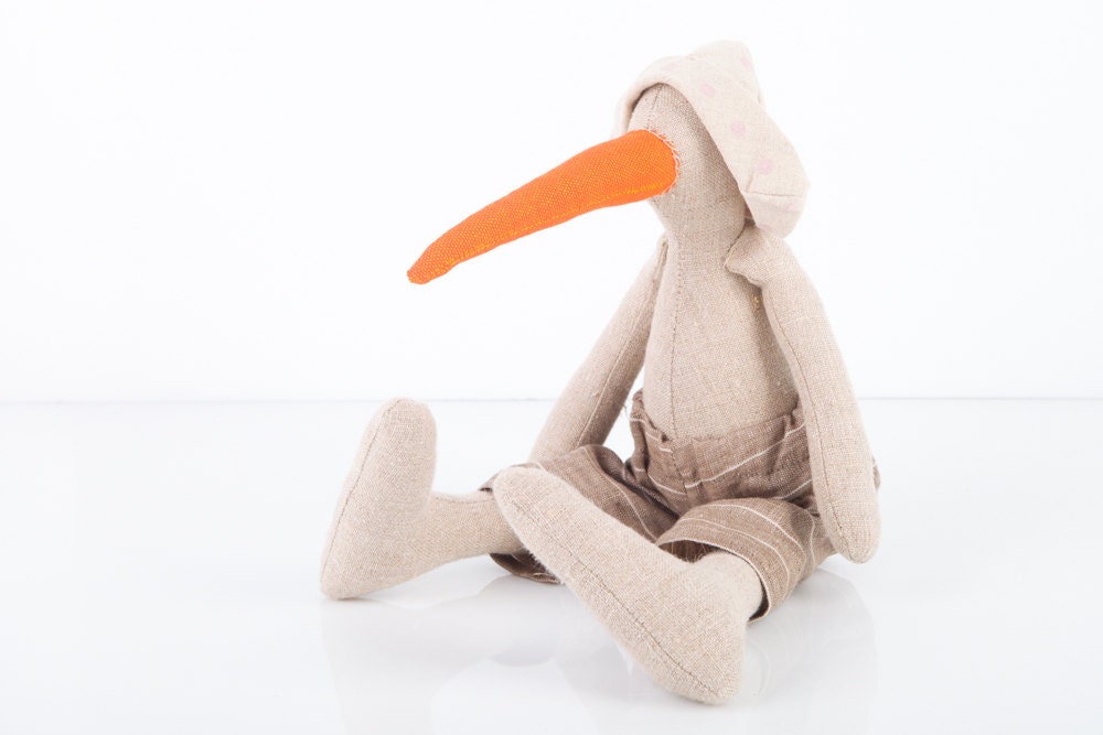 Ooak Bird with Long Orange beak - Natural canvas duck wearing linen striped pants and light pink dotted canvas hat  Timo handmade eco doll