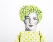 Ooak art Doll  - with Neon Green and mint Stylish beads Hat ,  geometric dress Original holiday gift for her - timohandmade eco fabric doll