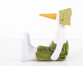 Handmade stuffed toy fabric bird softie plush stuffed animal. Light purple Lilac duck  Wearing Green corduroy and dotted green hat