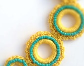 Crochet Circles Beaded Choker in Mustard Gold Yellow and Turquoise, One of a Kind, Handmade