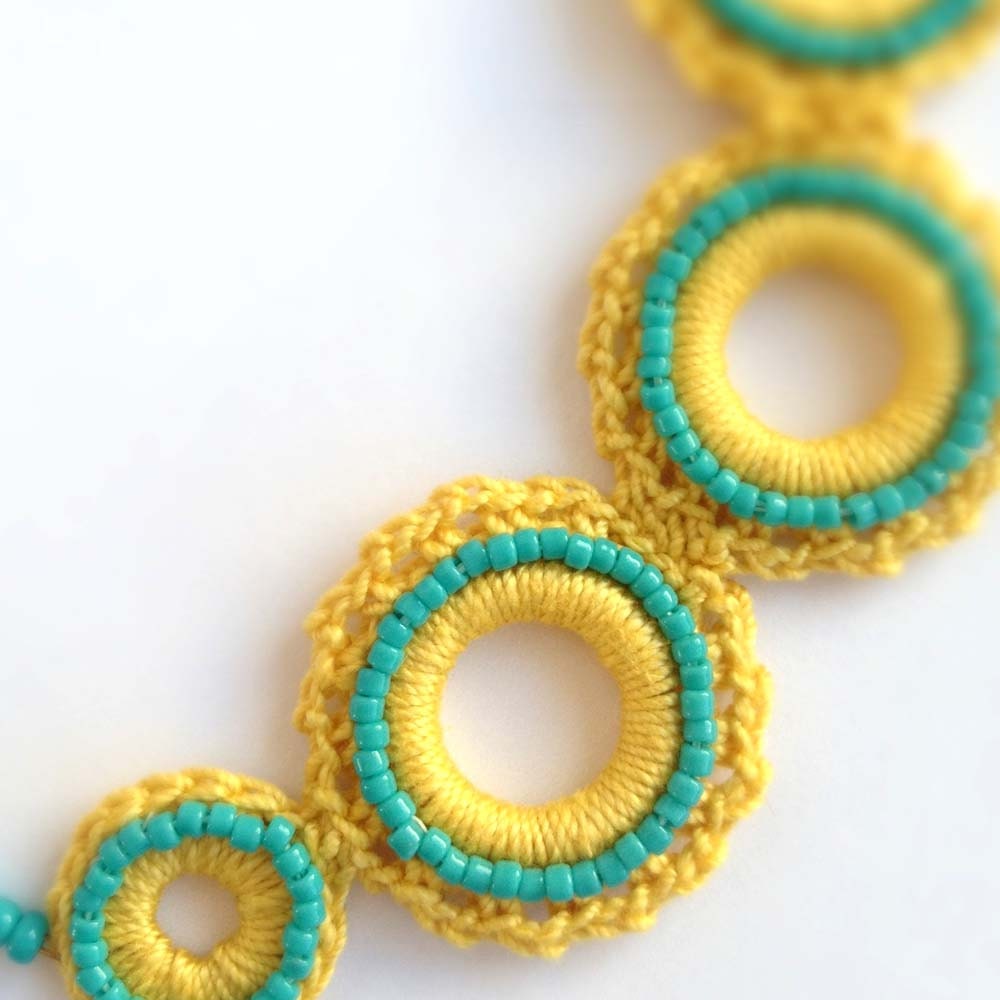 Crochet Circles Beaded Choker in Mustard Gold Yellow and Turquoise, One of a Kind, Handmade
