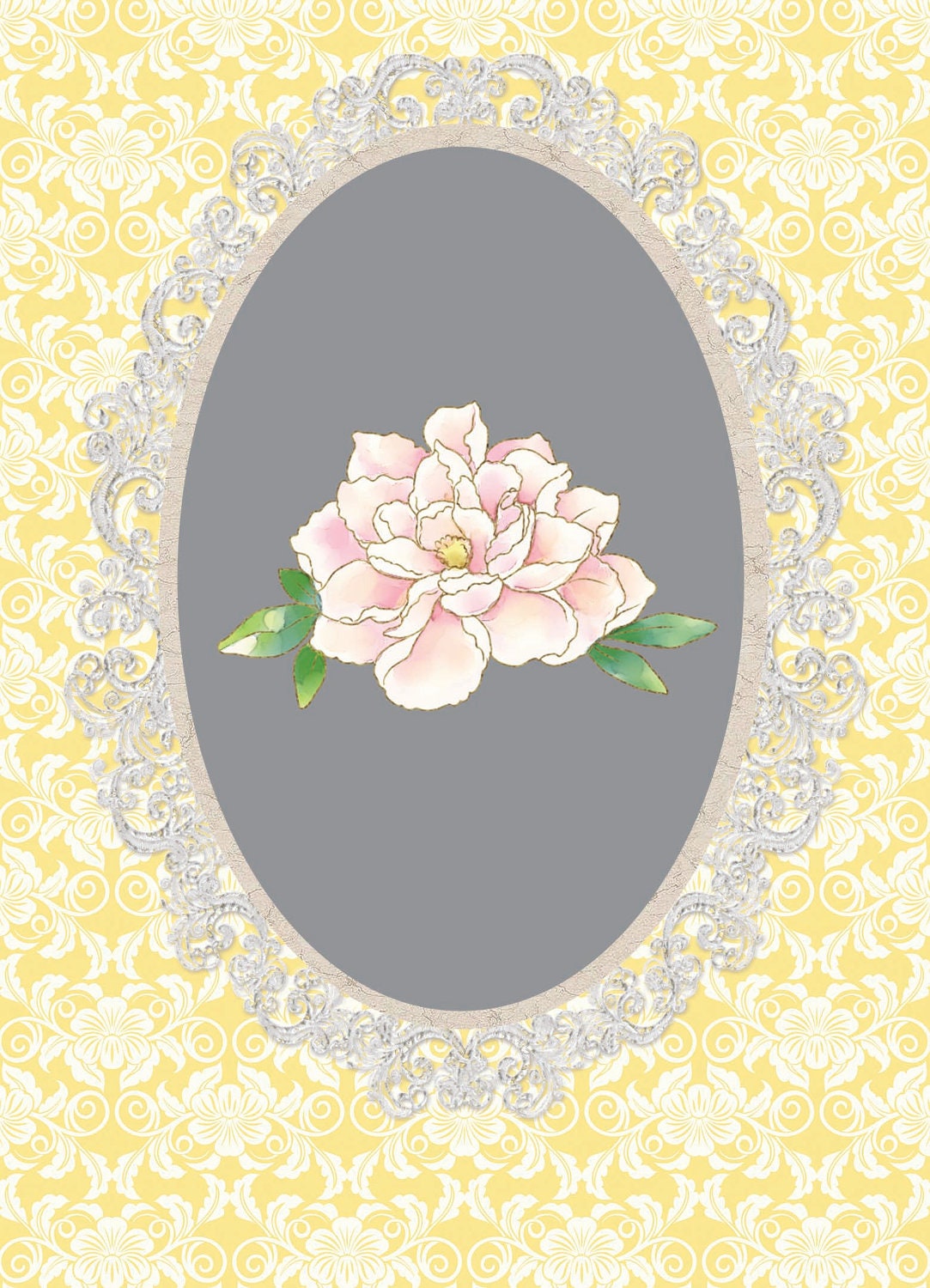Original digital collage print with white rose, grey frame and yellow background 5x7 size