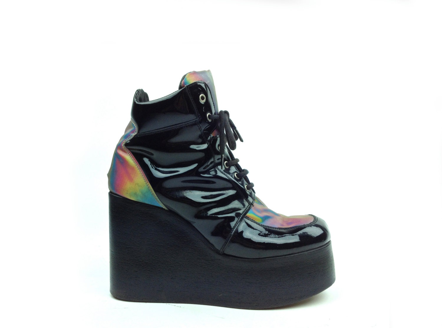 90's Hologram Rainbow and Patent Leather Platform Wedge Ankle Boots // 7.5 - 8