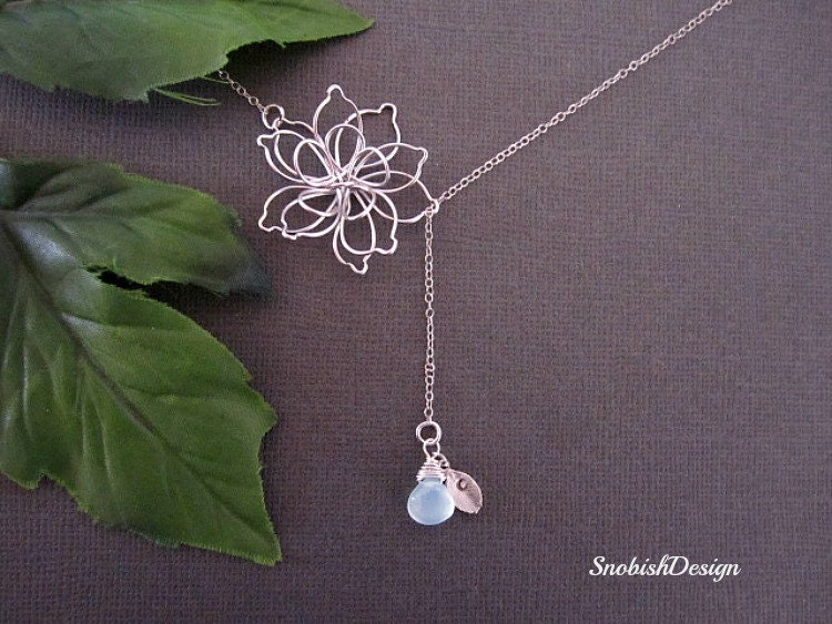 Personalized Lotus Necklace, Custom Birthstone Necklace, Stamped Initial Leaf Charm, aquamarine jewelry, Dainty Necklace, Mothers Necklace