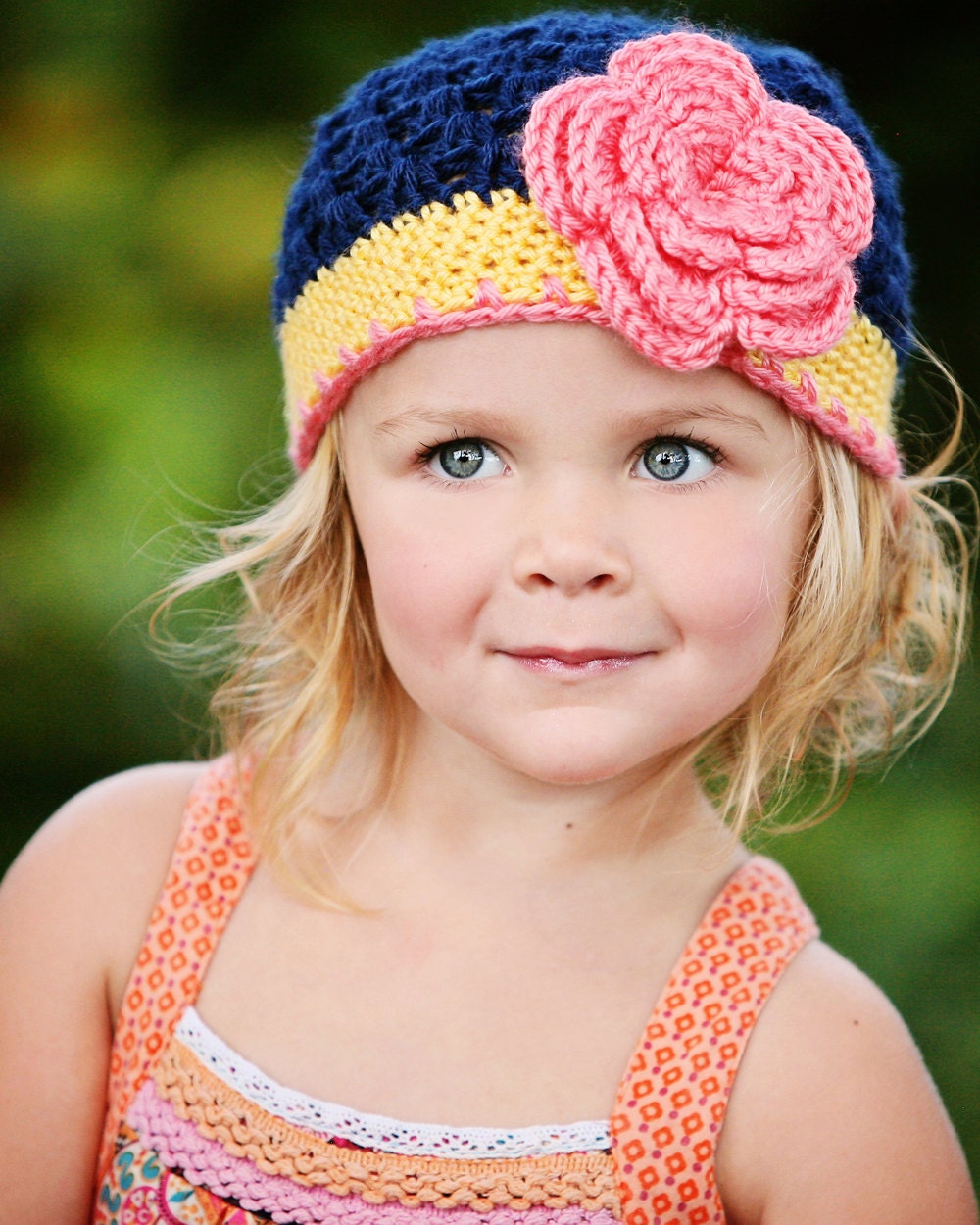 1T/2T or 2T/4T Flower Flapper Beanie Crocheted Hat in Navy, Sunshine, and Strawberry