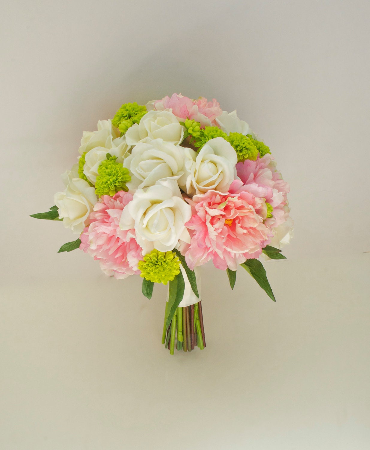 Large Peony Bouquet with Button Mums, 14'', (Pink, Ivory, Green, Chartreuse) Real Touch Peony Wedding Bouquet
