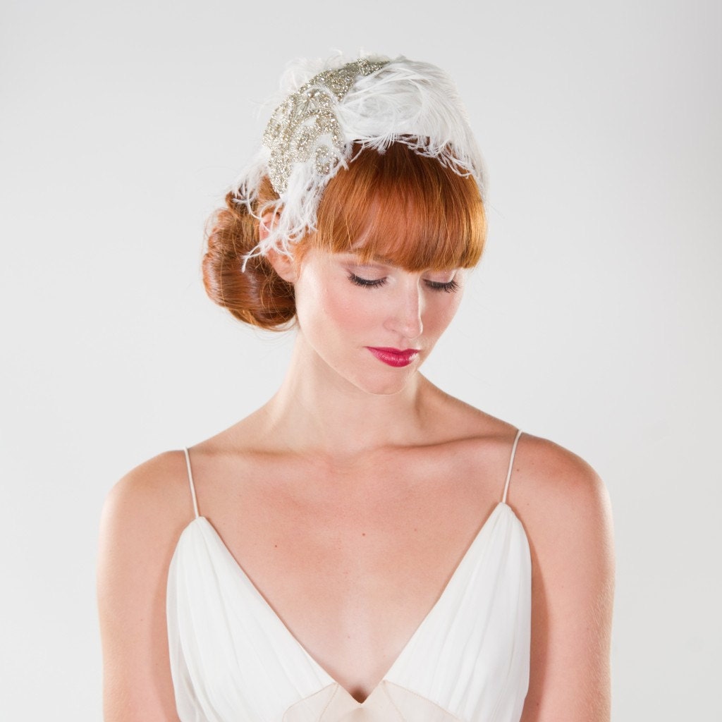 Bridal Juliet Cap- 20's Inspired Fascinator Cap with Feathers and Rhinestone Applique