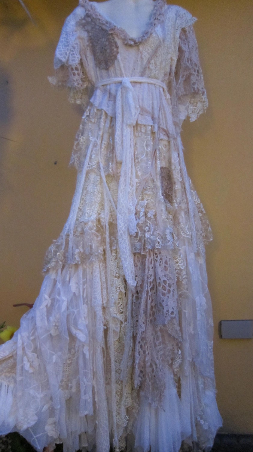 RESERVED...vintage inspired shabby bohemian gypsy wedding dress ..large..to 46" bust..express 4 day shipping..