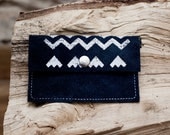Card Holder Tribal Pattern Leather Suede Navy Blue with White No. CH-101