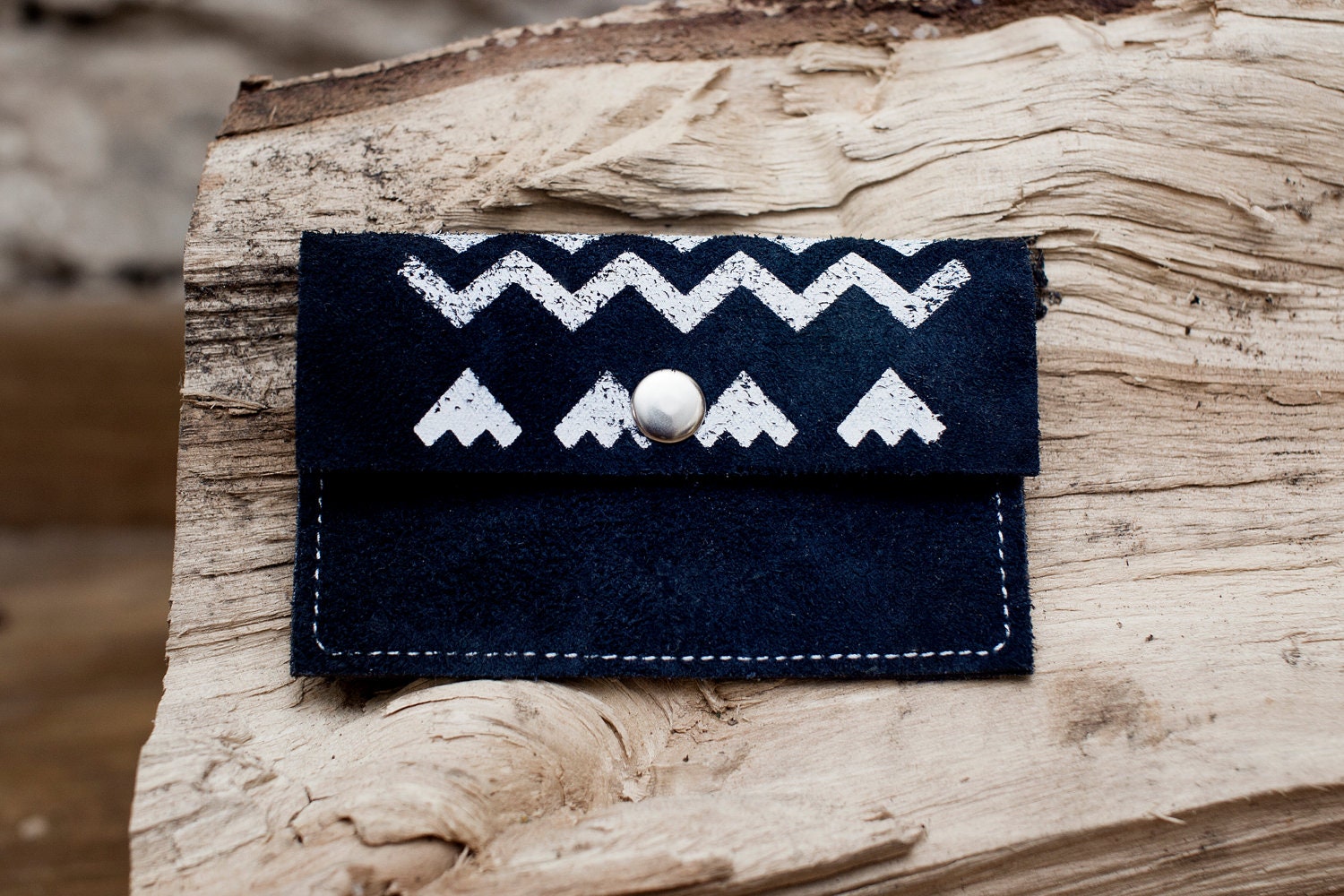 Card Holder Tribal Pattern Leather Suede Navy Blue with White No. CH-101