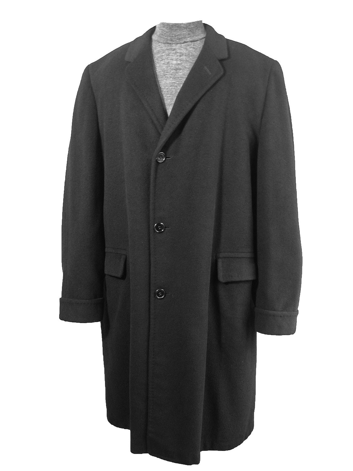 Mens Black CASHMERE Coat Top Coat Overcoat / Vintage 1960s Narrow Lapels / DURMEUILL / 51 inch chest.