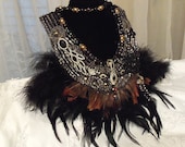 Dramatic Bib Necklace, Black Feather Neck Piece, Statement Vintage Couture Collier Plume Necklace.