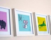 Set of 5 Mounted Animal Prints, nursery decor, kids wall art, animal prints, 6x6, children's decor, baby nursery, alphabet wall art