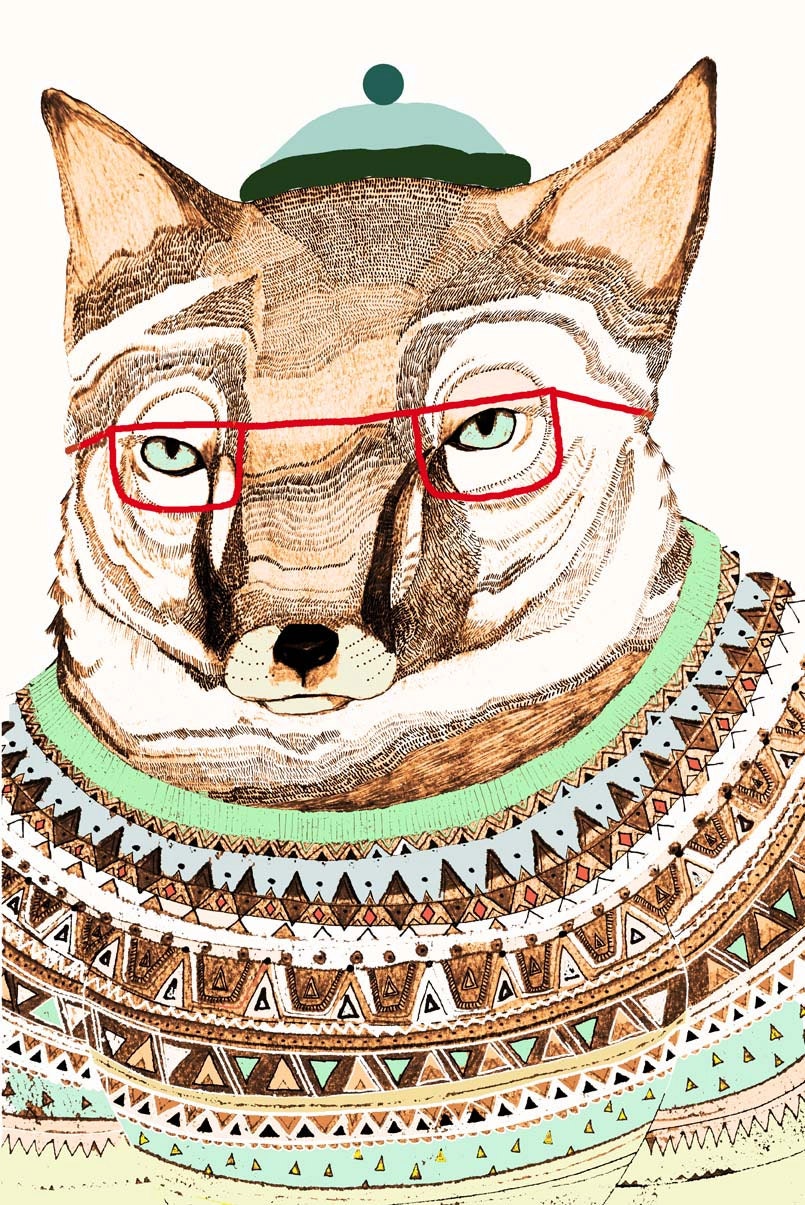 Digital print. Fox in Jumper with Glasses. Limited Edition poster print by Ashley Percival. Gift idea.
