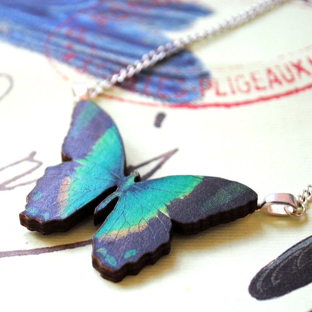 Wooden Butterfly Necklace - Vintage Decoupage Green & Black Butterfly