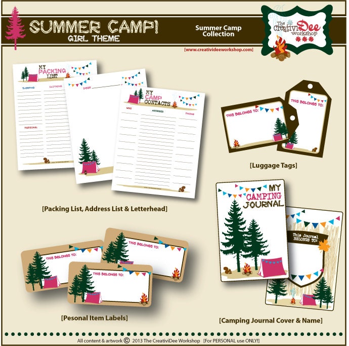 Summer Camp Printable Kit - Girl Theme - Off to Camp Collection - Instant Download