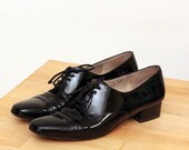 Vintage SALVATORE FERRAGAMO Oxfords, Black Patent Leather Oxfords, Lace up Oxfords, Free Shipping