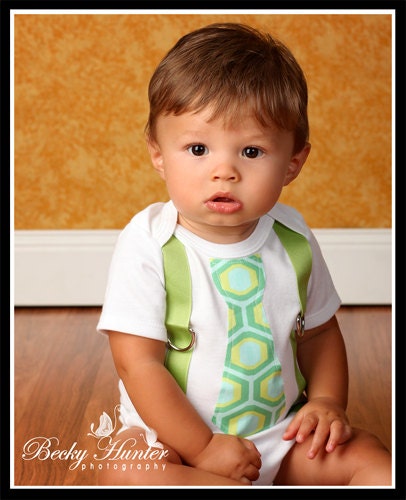 Green, Yellow and Blue Honeycomb Print Tie & Suspenders Onesie - Made To Order - 0-3M through 24M