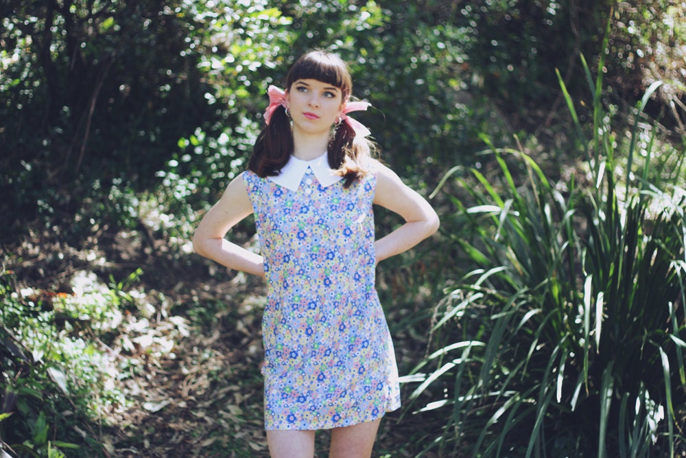 Susie Q Shift Dress Mod Plaid Floral 60s Collar