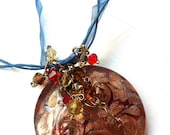 copper swirls dichroic glass pendant necklace with Swarovski crystal clusters