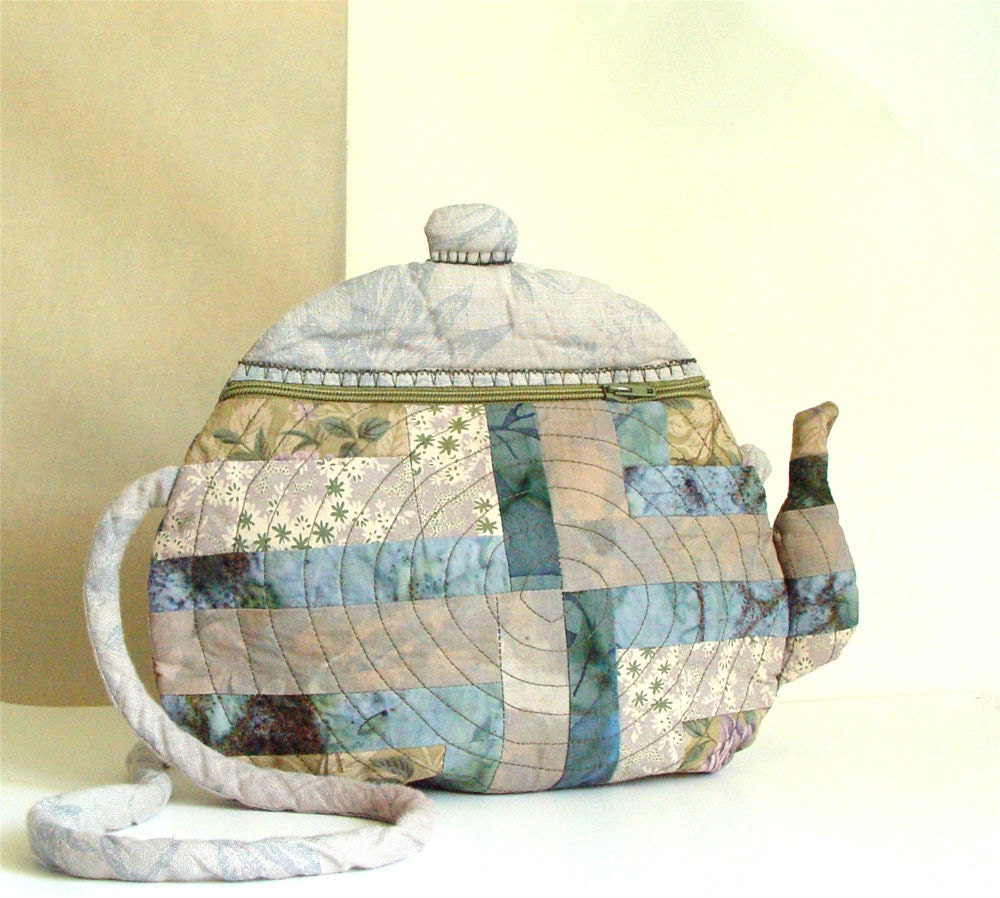 Textile Teapot Purse Quilted art to wear grey bag