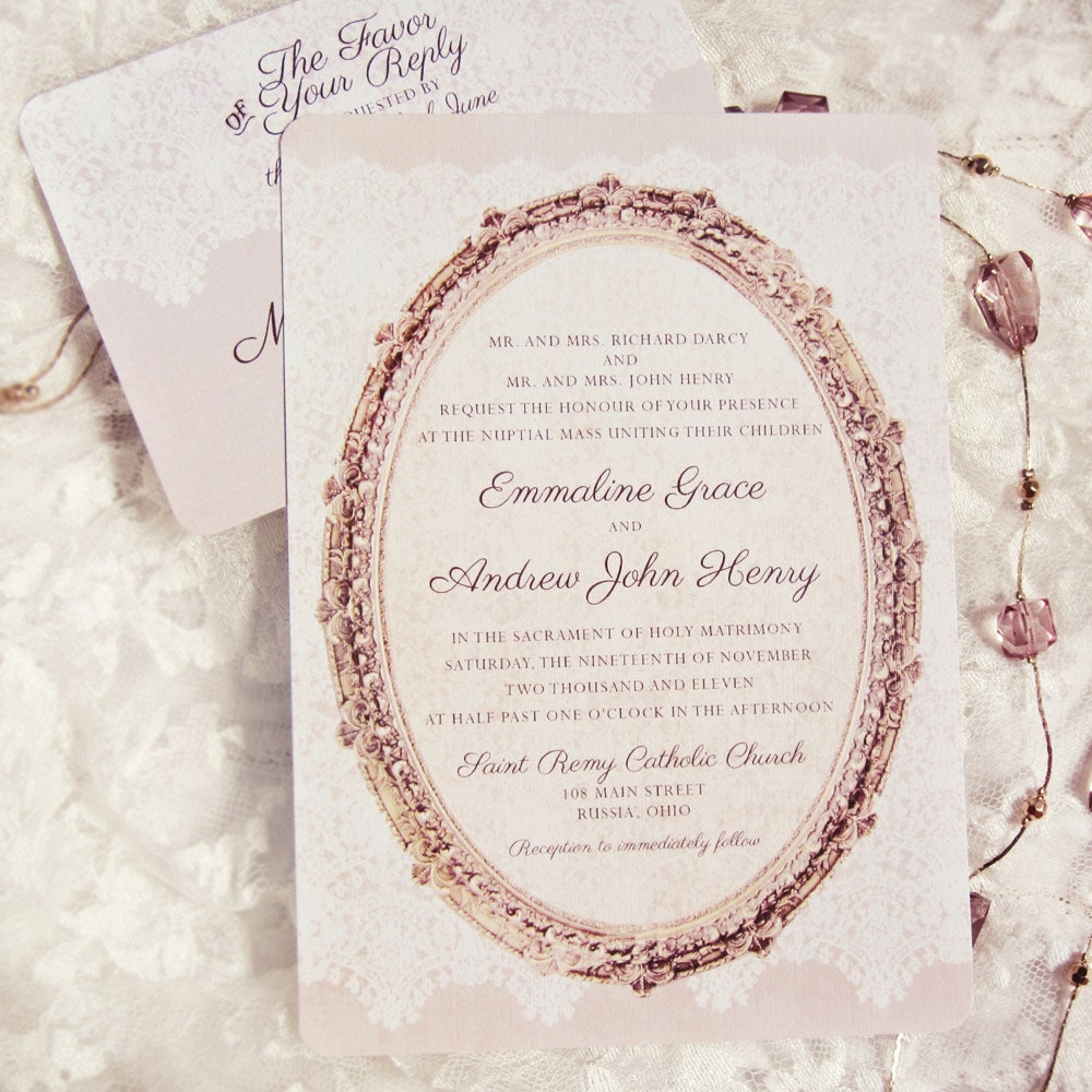 Lace Wedding Invitations - Vintage Lace Gold Oval Frame - SAMPLE