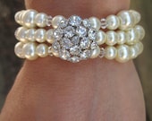 Pearl and Rhinestone Jewelry for Women, Swarovski Crystal Jewelry, Brooch Bracelet, Mother of the Bride, Pearl Jewelry