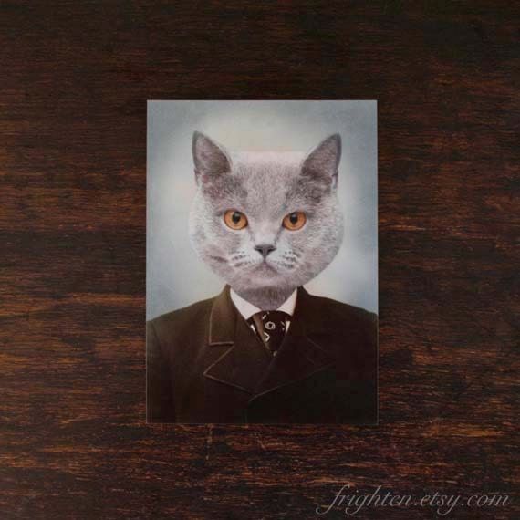 5x7 Cat Art, Mixed Media Collage Print, Mr. Gray, Ice Blue and Brown Altered VIntage Photograph, For Him