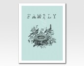 Art Print Etched Looking Text Print "Family" Bird's Nest Baby Blue Home Décor 5 X 7 inch Print Original Design by Adidit Print no. 035