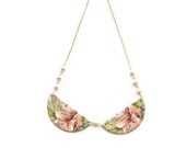 Pastel color, spring field wild flowers- ivory pearls, ceramic Peter Pan collar necklace, silver plated chain Etsy UK