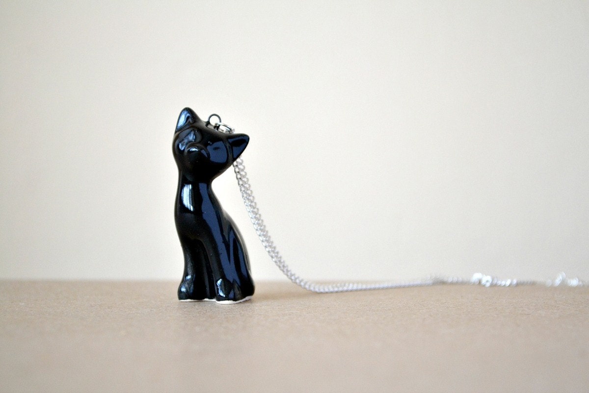 Black cat - Ceramic cat necklace - Chat noir - Handmade ceramic cat in fine delicate shape. black cat necklace Etsy UK