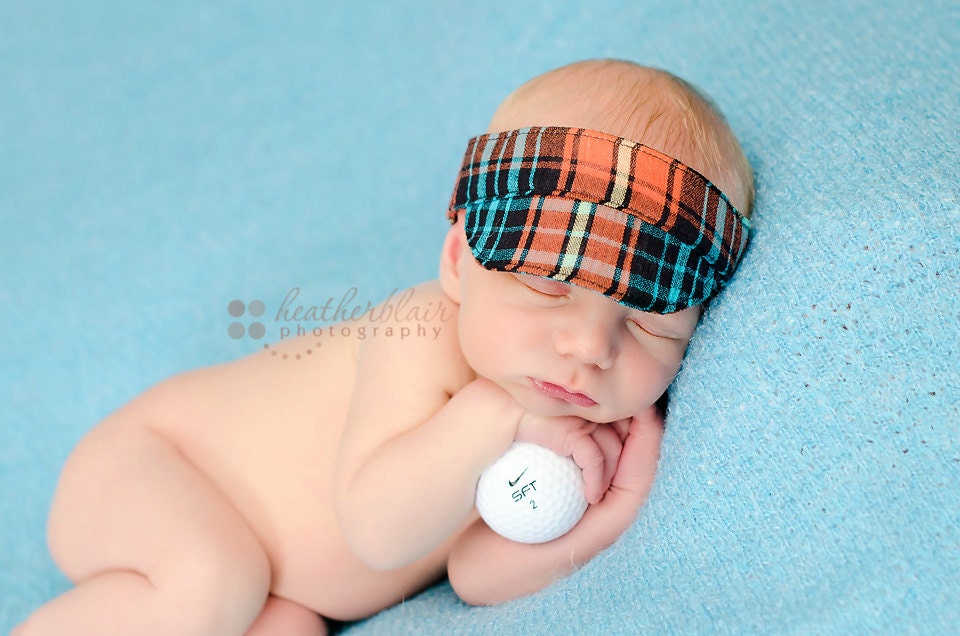 Newborn Visor Photography Prop - Teal & Orange Plaid Toddler Visor Hat