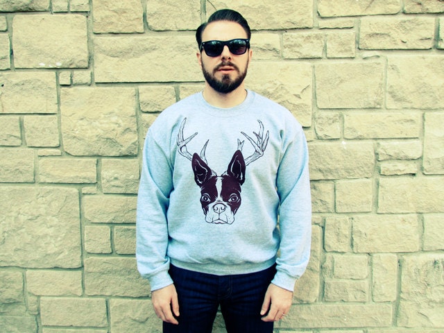 Mens Boston Terrier Antler Xmas Crewneck L-XL-2XL FREE Shipping