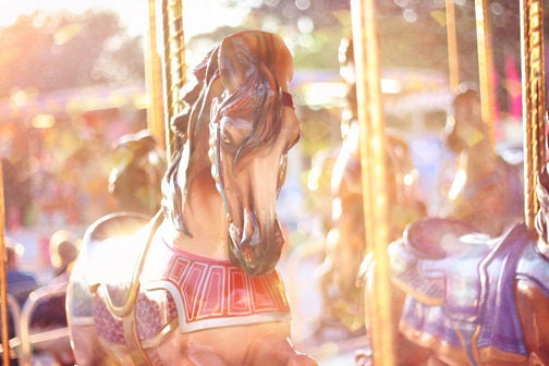 Carousel Horse Photography, Carousel Horses Photo, Merry Go Round, Dreamy Carnival Nursery Print, Pastel Peach, Gold, Purple Wall Art, 8x12