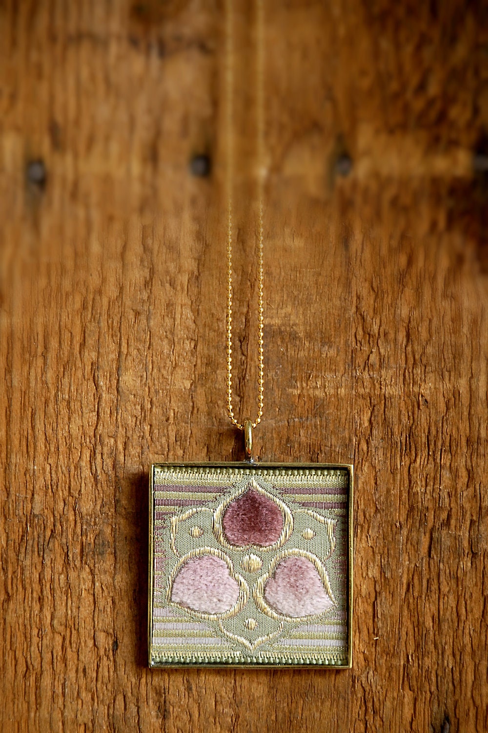 Handmade Antique French Art Deco Ribbon Pendant Necklace in Pink, Gold & Green Velvet, on gold chain
