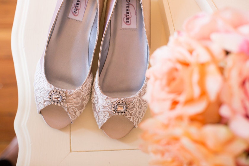 SALE Lace wedding shoes wedge heel embellished with French lace and a crystal brooch