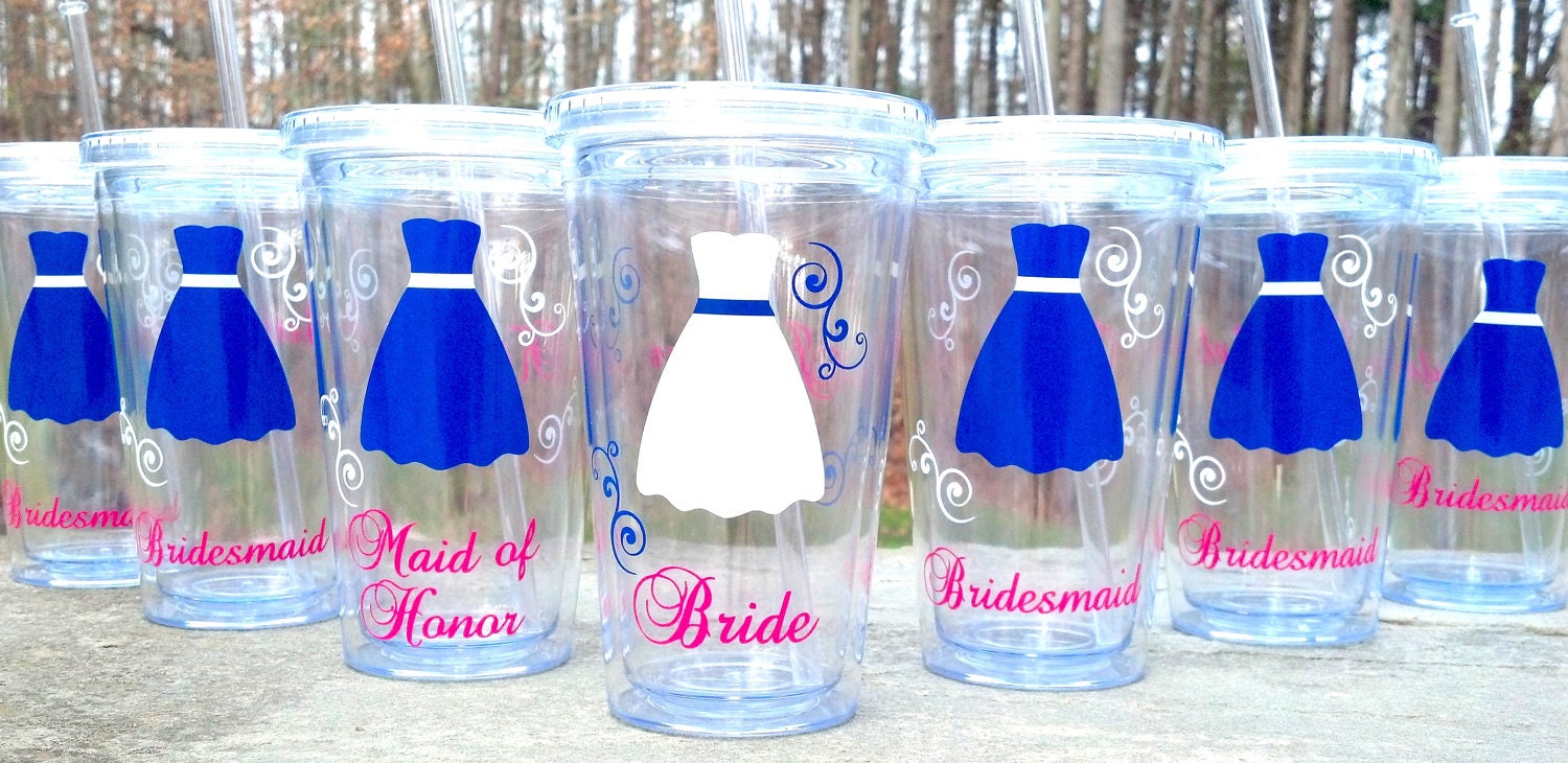 Bride and Bridesmaids Tumblers, 1 wedding party acrylic glasses with lid and straw, flower girl juice cups