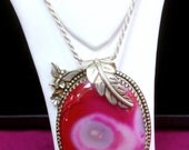 Amazing Botswana Fancy Red & Pink Agate Large Cabochon Sterling Silver 925 Handmade Custom Butterfly Leaf Pendant