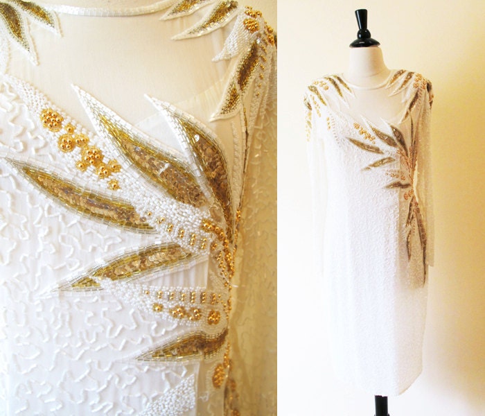 80s Elegant gold Beaded dress / 1980 white silk wiggle dress / 1980s Long sleeve Evening Dress / 80s Fashion