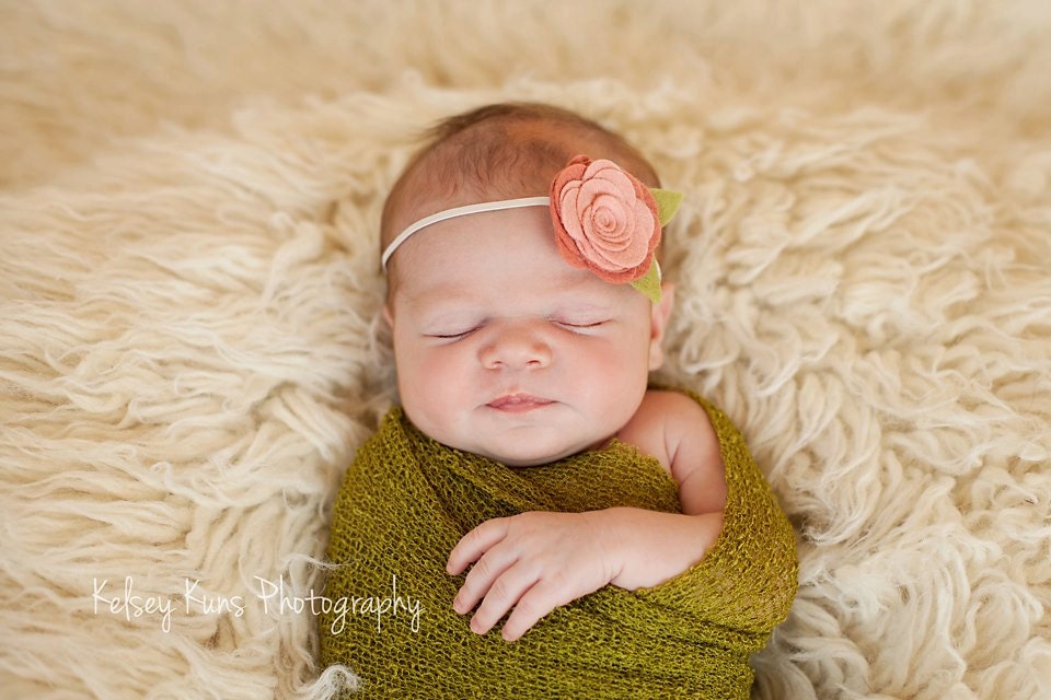 Vintage Pink Wool Felt Rose Headband - Newborn Baby Photoprop - Infant - Toddler - Adult