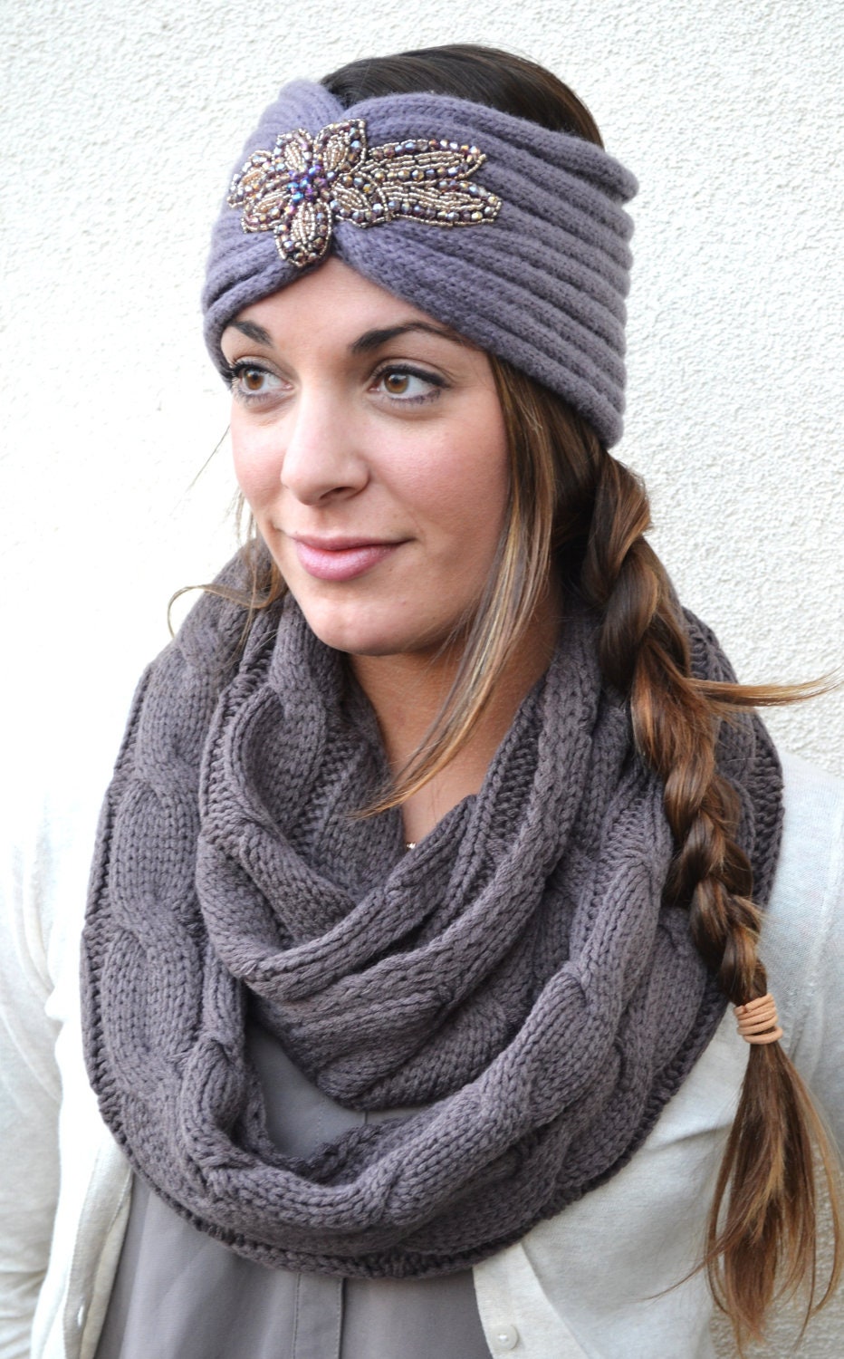 Chunky Knitted Headband Ear Warmer with Beaded Flower Embellishment SELMA's Beaded Head Wrap Turban on THE BACHELOR