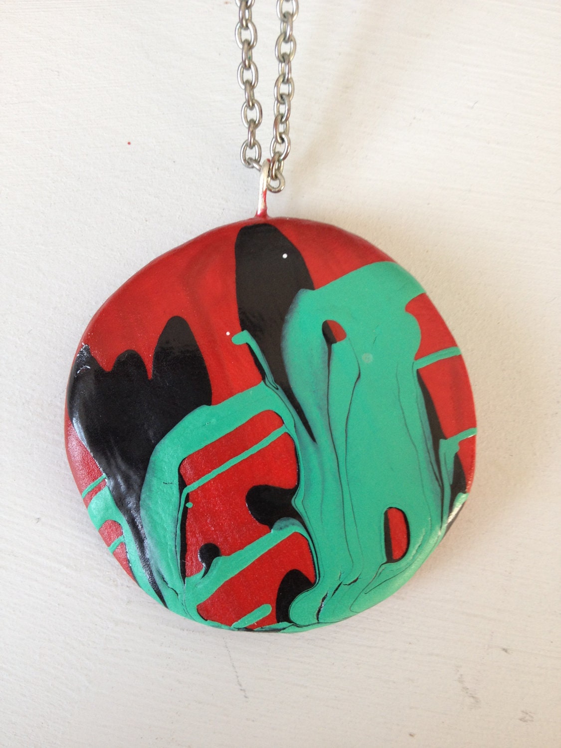 SALE Red/Black/Spearmint Handpainted clay stone pendant charm -  Mother's Day/Bridesmaid/Bridal Party/Wearable Art/Statement Jewelry