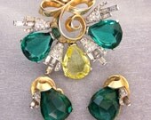Vintage Mazer Rhinestone Brooch Earrings Set Yellow Green Rhinestone Set Vintage Jewelry Fur Clip Earrings 1940s Jewelry Gift For Her