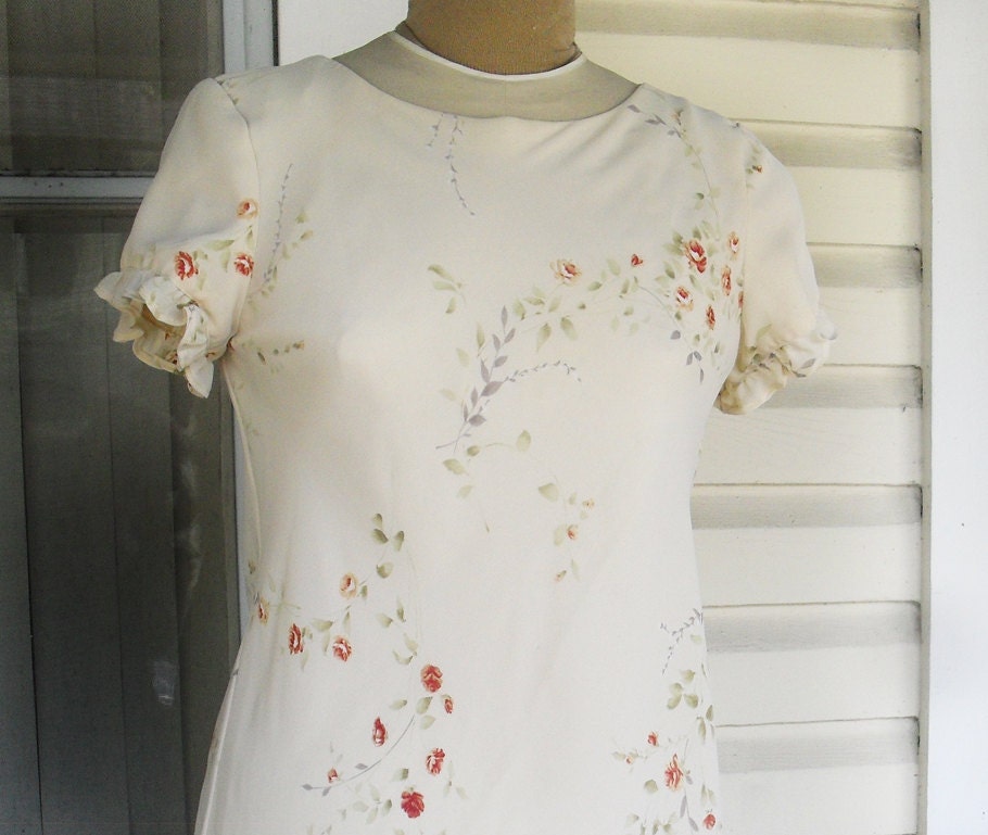 Mini Dress Sheer Puff Sleeve Cream and Roses Ruffles 1960s Revival