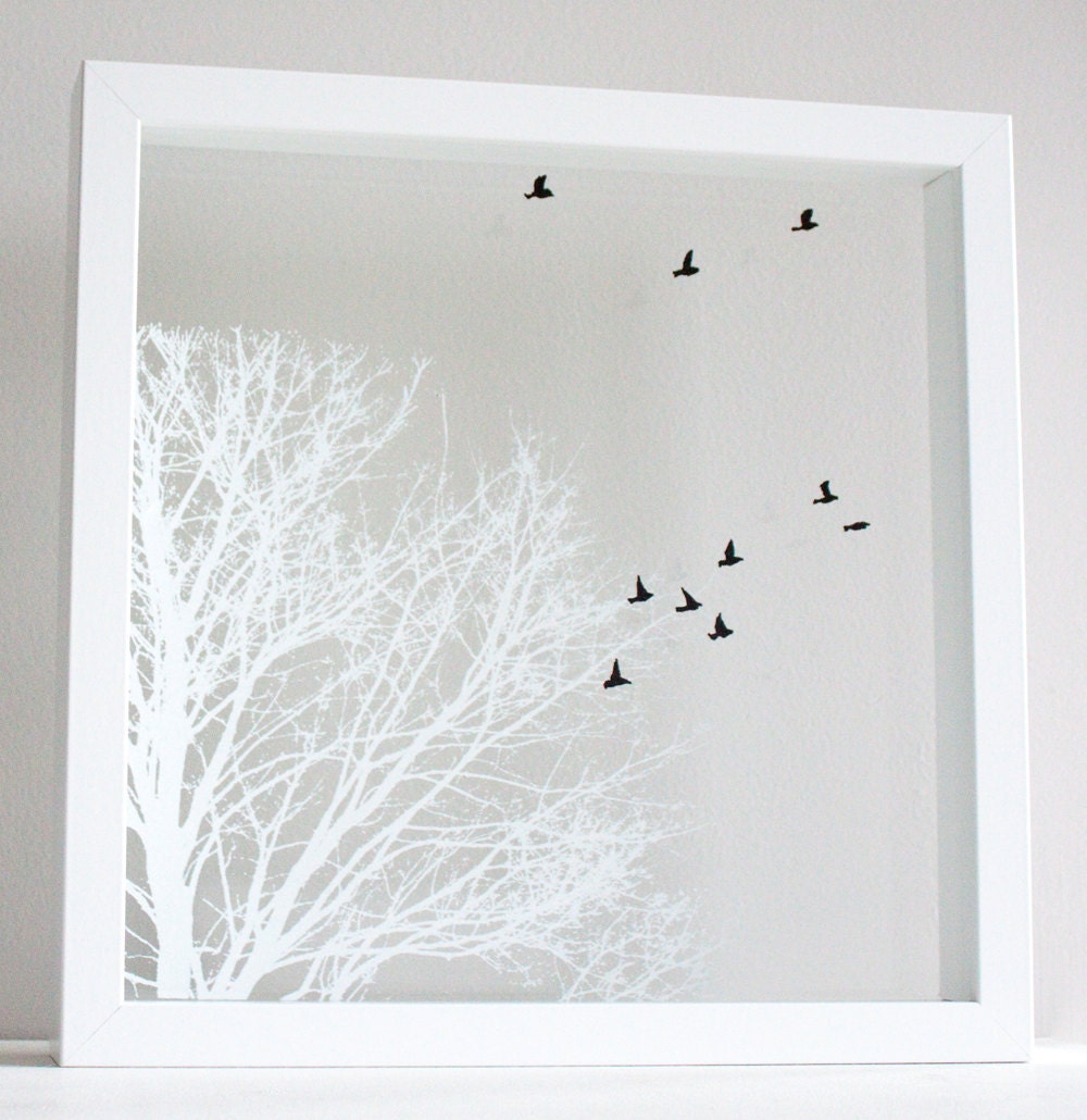 Hand Pulled Layered Screen Prints on Glass - White Oak and Birds