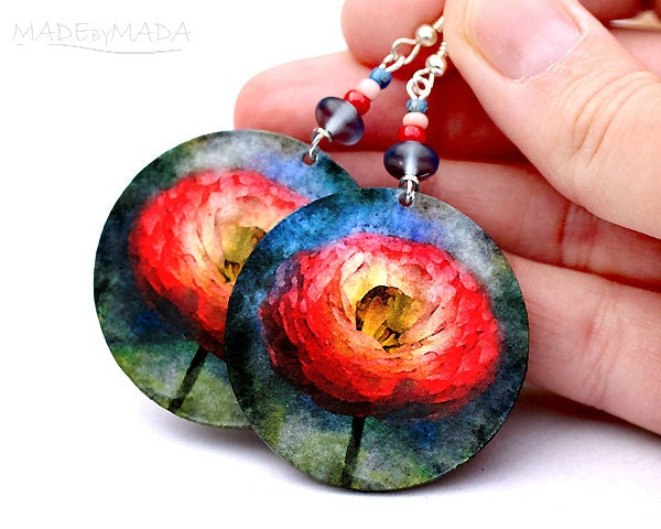 Pastel Flower Earrings FREE SHIPPING Peony dangle  Round decoupage earrings Floral motif ,  gift for her under 25 (B7)