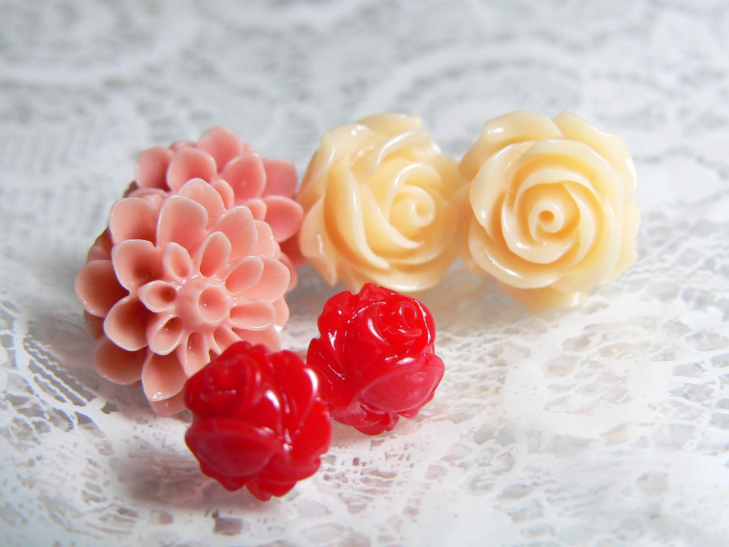 Post Flower Stud Earrings -pink, red and cream -set of 3 pair