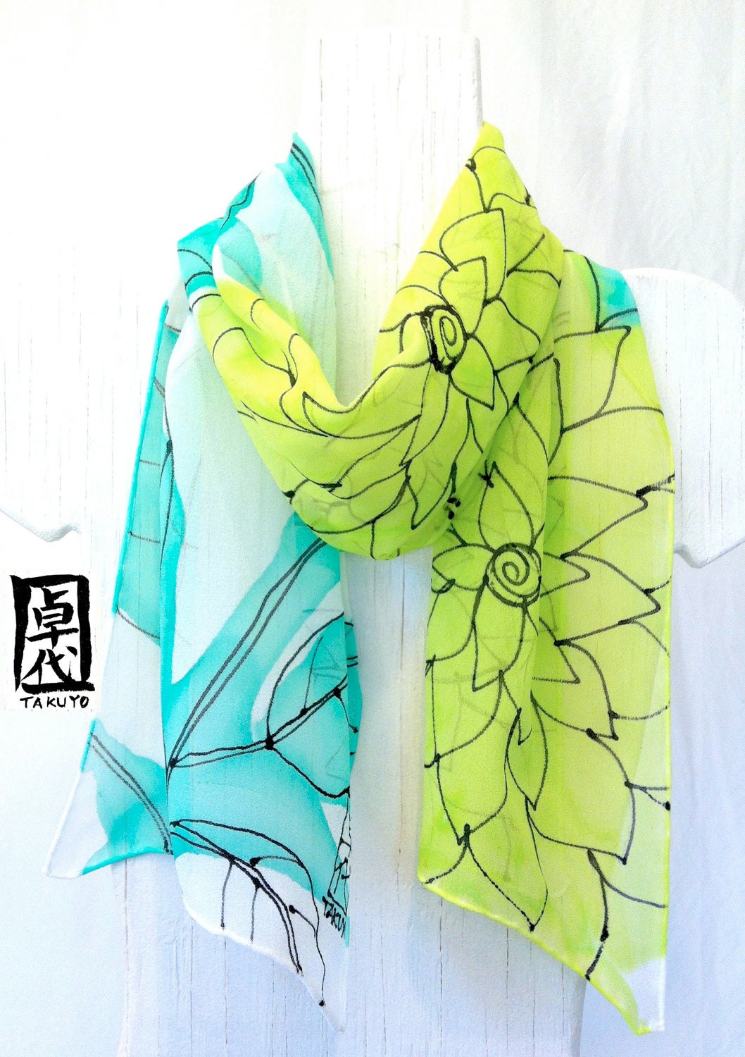 Green Silk Scarf Handmade. Aqua & Mint Green Floral Silk Scarf. Black Line Drawing. Silk Chiffon. 10x54 in. Made to order.