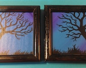 Awesome Matching Pair of 5x5 Framed Acrylic Paintings Tree Silhouettes