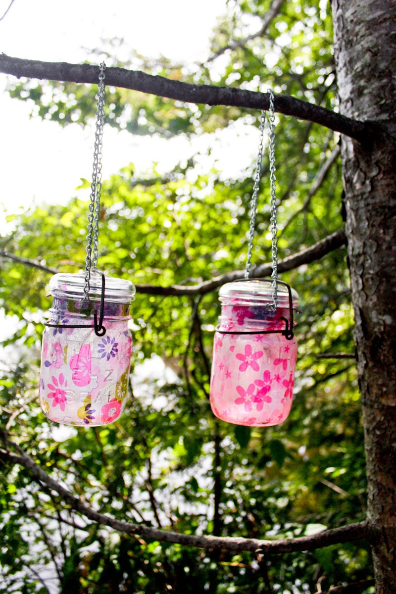 vintage atlas & ball mason jars .. handmade solar lights : pint size decoupage set of any eight WITH hangers